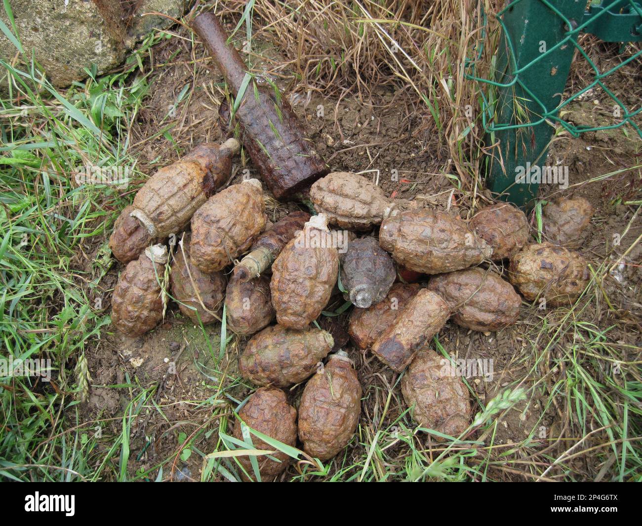 'Iron Harvest', World War One unexploded grenades, recently recovered from fields, Somme Battlefield, Somme, Picardy, France Stock Photo