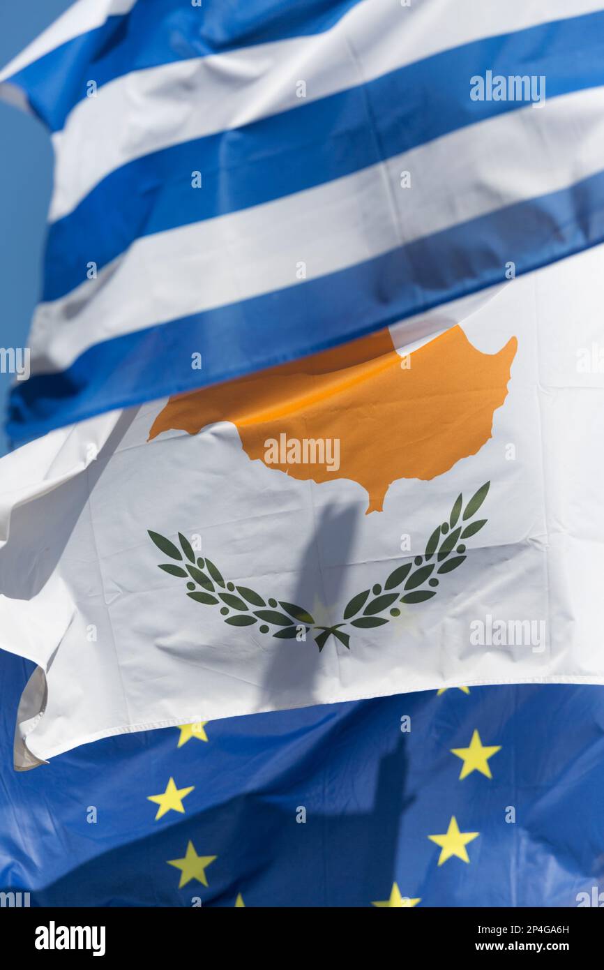 Flags, Greece, Cyprus and the EU. Stock Photo