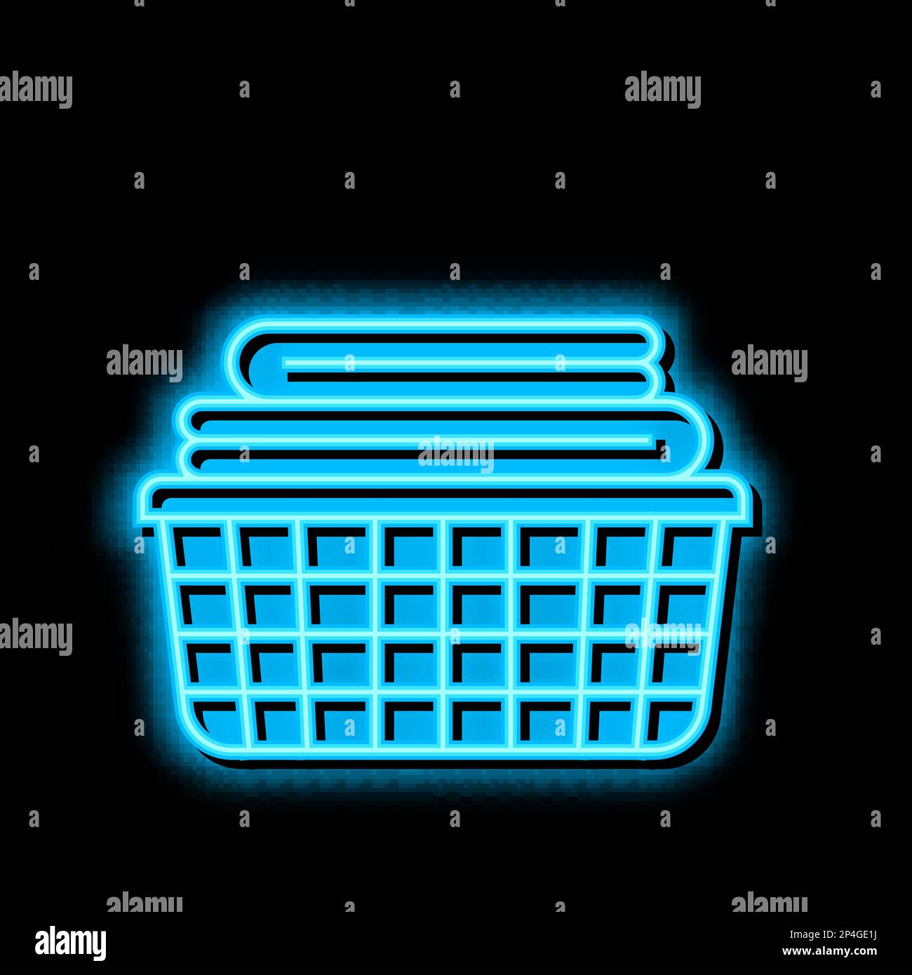 washed clean fabric clothes in basket neon glow icon illustration Stock
