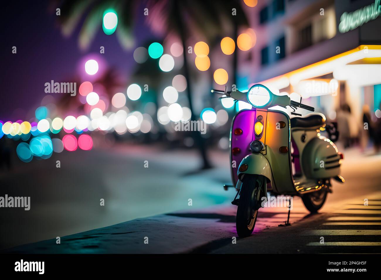 Scooter moped at ocean drive miami beach at night with neon lights from