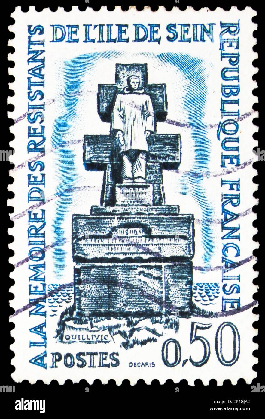 MOSCOW, RUSSIA - FEBRUARY 15, 2023: Postage stamp printed in France shows In Memory of the Resistance of the Ile de Sein, Resistance Fighters' Memoria Stock Photo