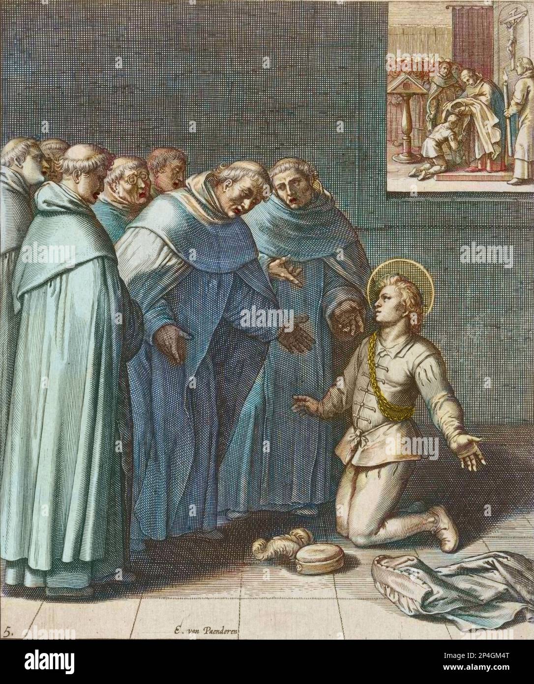 Saint Thomas d'Aquin rejoint l'ordre dominicain - Saint Thomas d'Aquin (1225-1274) docteur de l'eglise (Thomas Aquinas or Tommaso d'Aquino) -  gravure d'après Egbert van Panderen Stock Photo