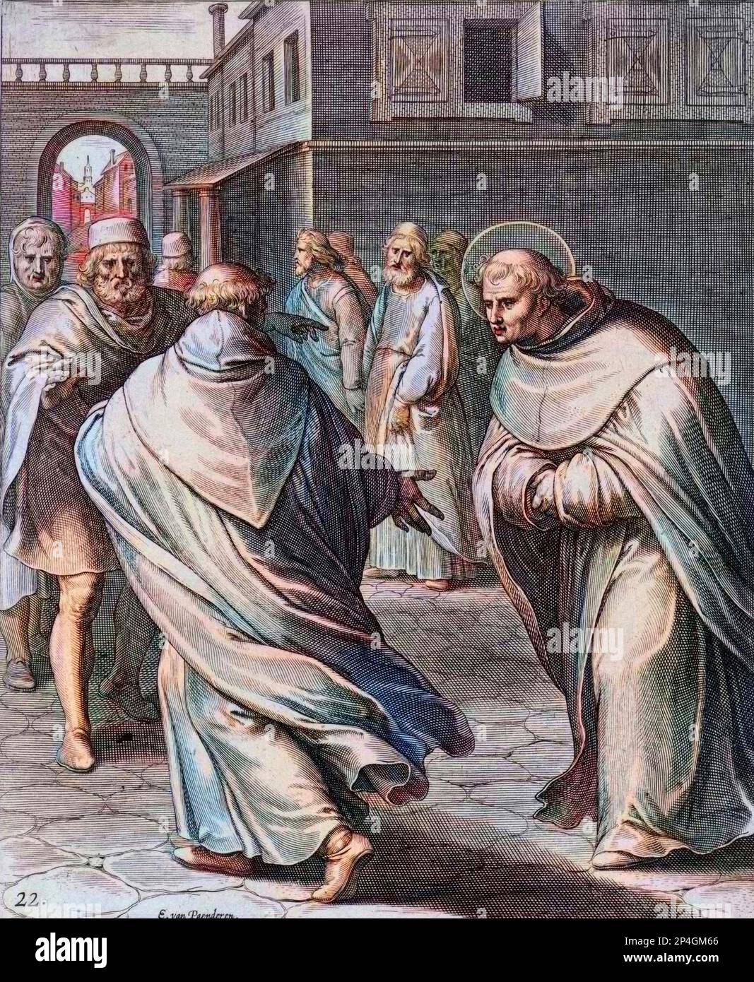 Saint Thomas d'Aquin à Bologne, Italie, gravure d'après Egbert van Panderen - Saint Thomas d'Aquin (1225-1274) docteur de l'eglise (Thomas Aquinas or Tommaso d'Aquino) - Stock Photo