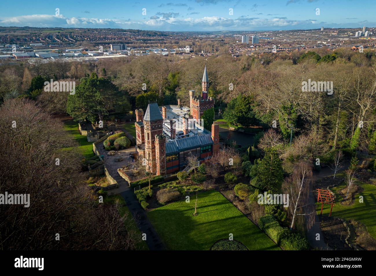 Aerial view of Saltwell Towers, Saltwell Park, Gateshead, Tyne & Wear