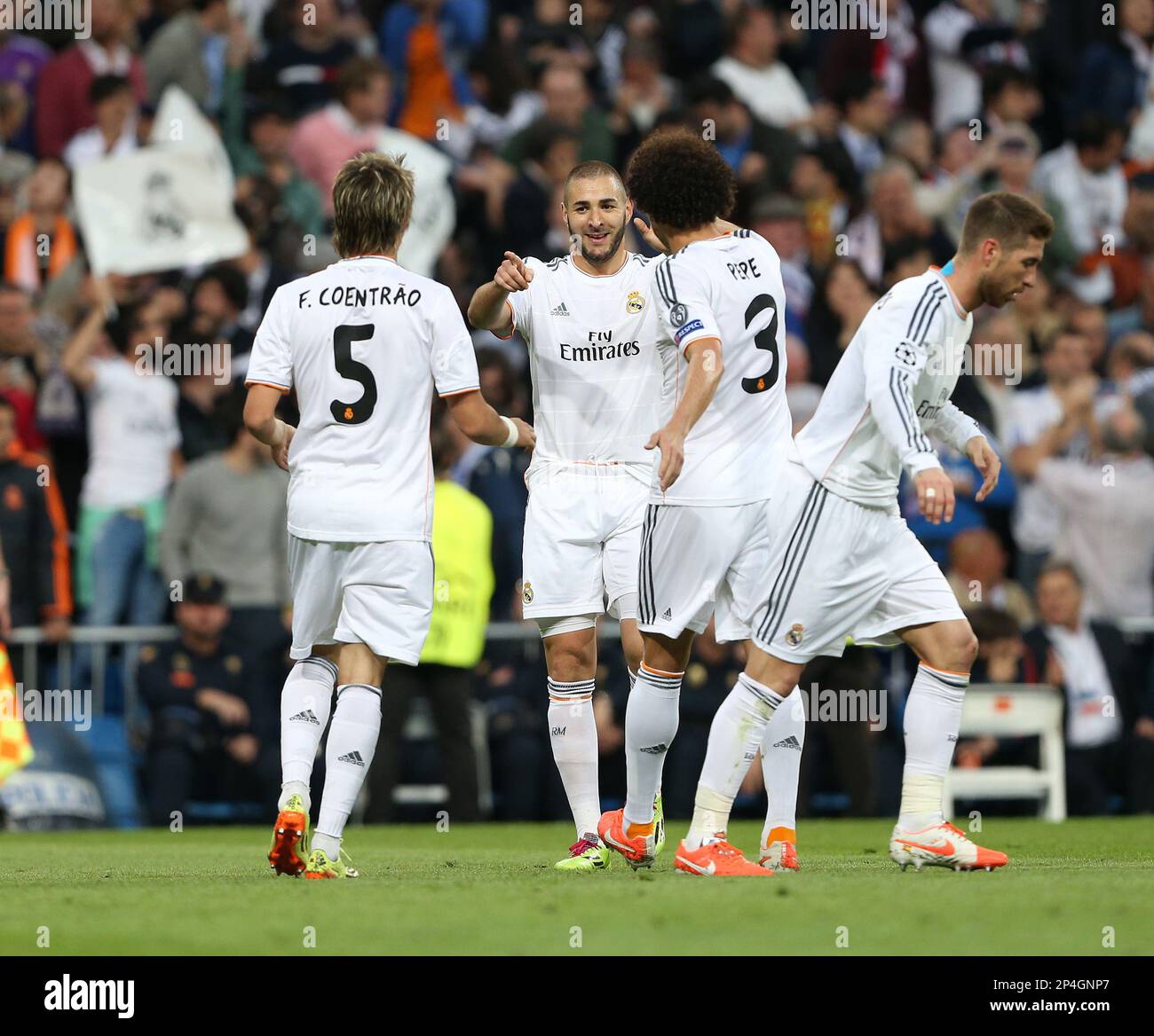 April 23, 2014 - Madrid, United Kingdom - Real Madrid's Karim Benzema  celebrates scoring his sides opening goal..Real Madrid vs Bayern Munich -  Champions League, Semi Final, First leg - Santiago Bernabeu, image size:1300x1168