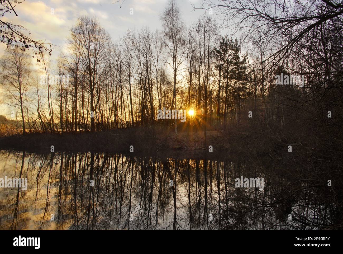 Sonnenaufgang am Angelteich  bei Mantinghausen an einem kalten Wintermorgen Stock Photo