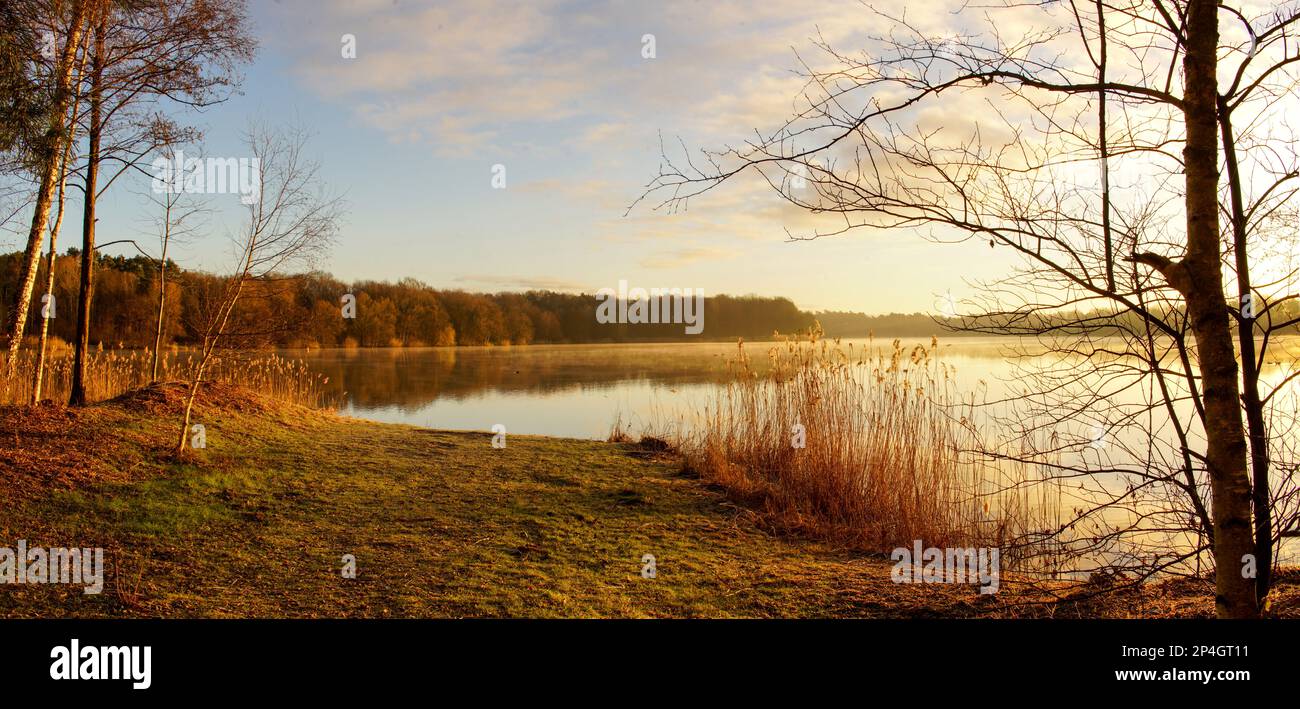 Sonnenaufgang am Angelteich  bei Mantinghausen an einem kalten Wintermorgen Stock Photo