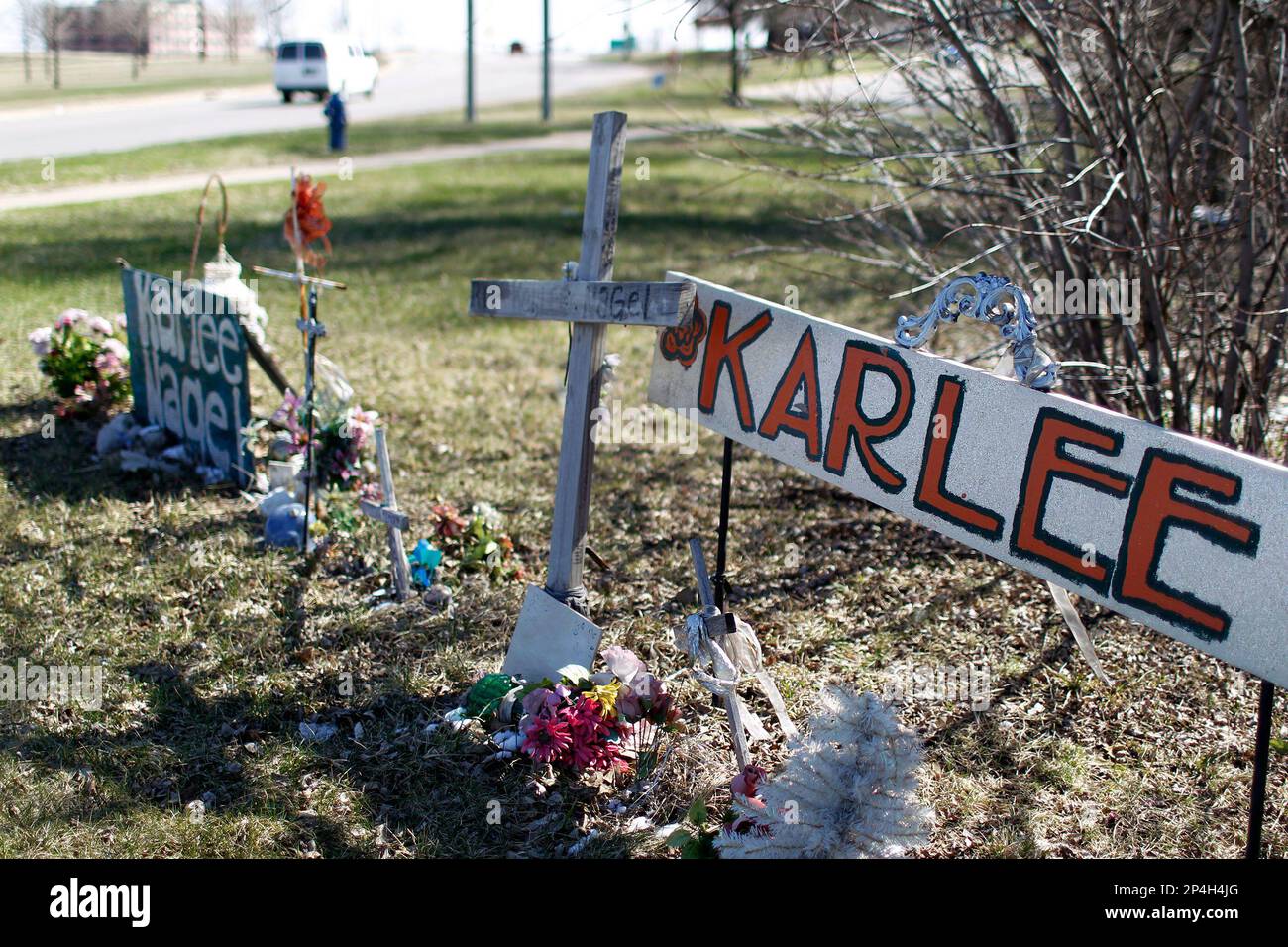 This photo taken April 15, 2014, shows a roadside memorial for Karlee