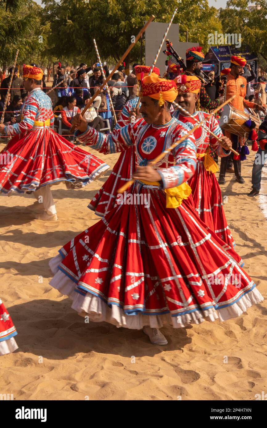 India, Rajasthan, Bikaner, National Camel Research Centre, Camel Festival, traditional Rajasthani folk dancers Stock Photo