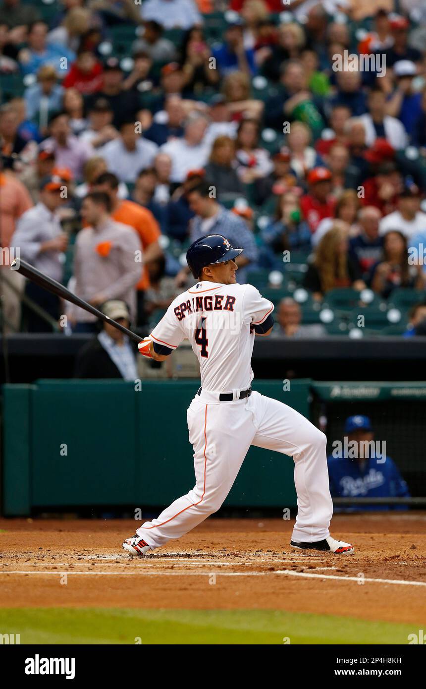 Houston Astros rookie right fielder George Springer (4) bats during an MLB  baseball game against the Kansas City Royals at Minute Maid Park on  Thursday April 17, 2014 in Houston, Texas. Kanas