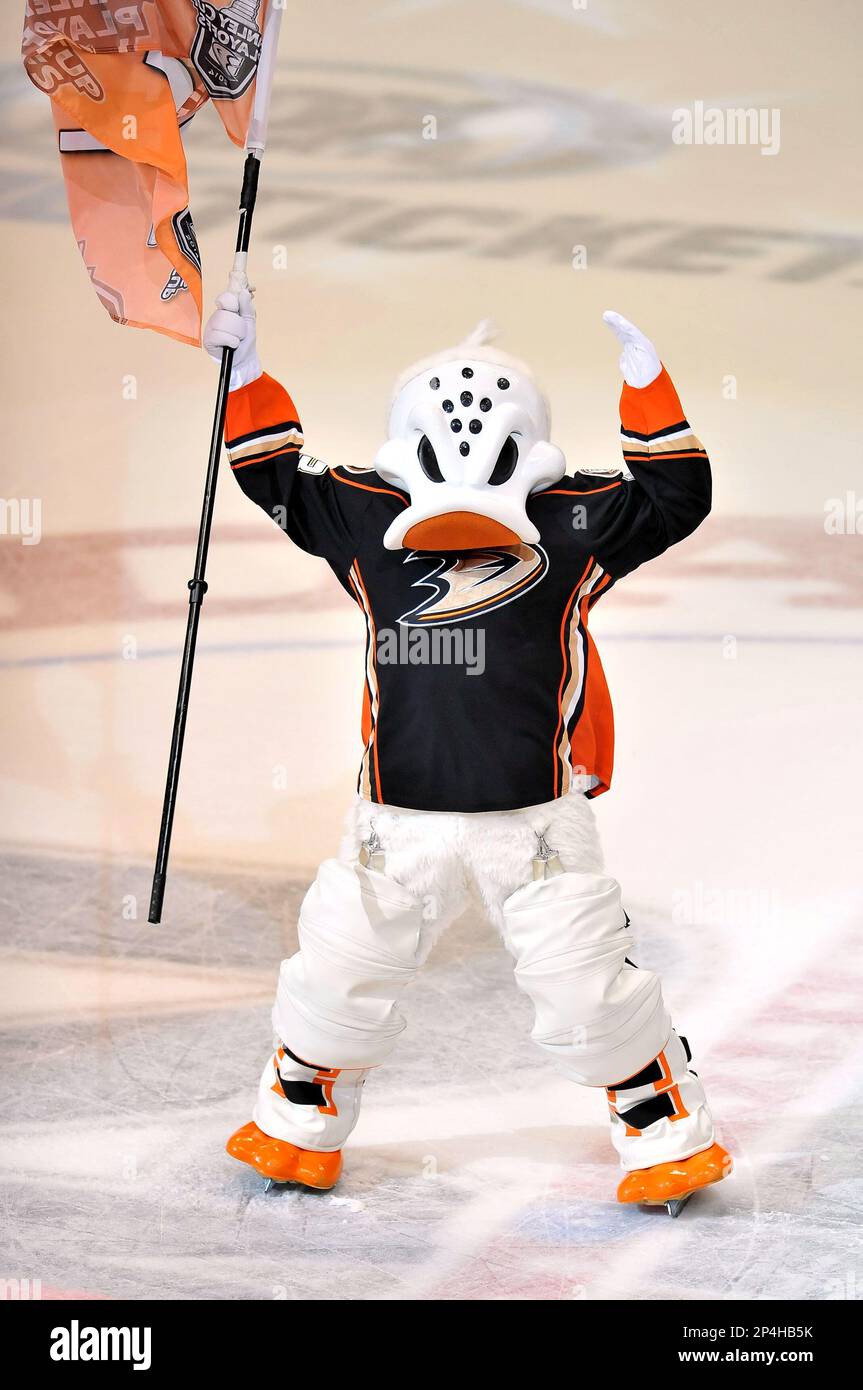 April 16, 2014 Anaheim, CA.Anaheim Ducks Mascot Wild Wing celebrates the  win after the NHL Playoff game between the Dallas Stars and the Anaheim  Ducks at the Honda Center in Anaheim, California..The