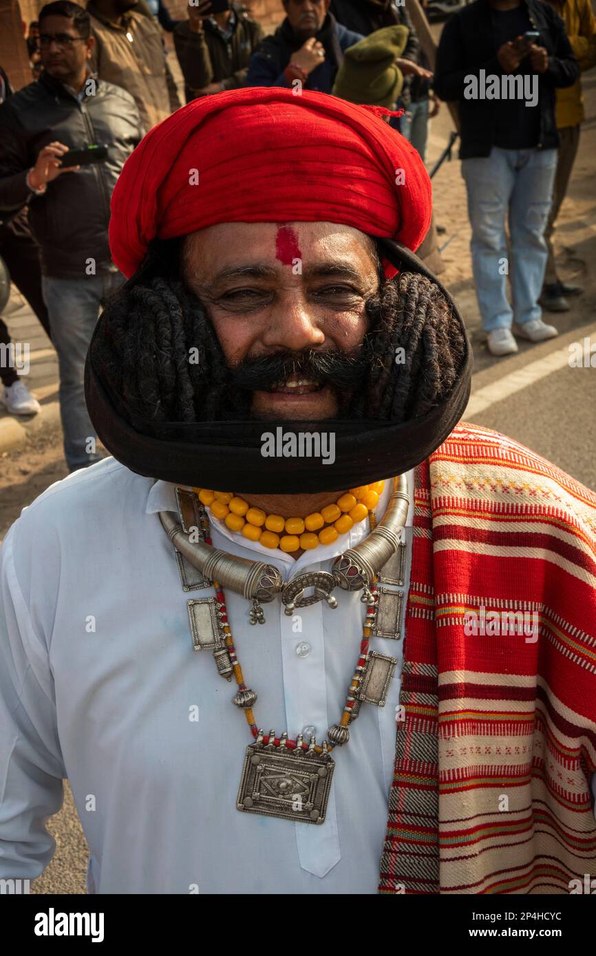 India, Rajasthan, Bikaner, Camel Festival Parade, Girdhar Vyas, contender for World’s Longest (32 foot) Moustache Stock Photo
