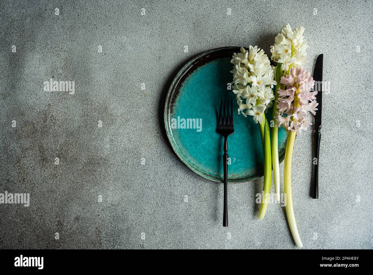 Spring table setting with hyacinth Stock Photo