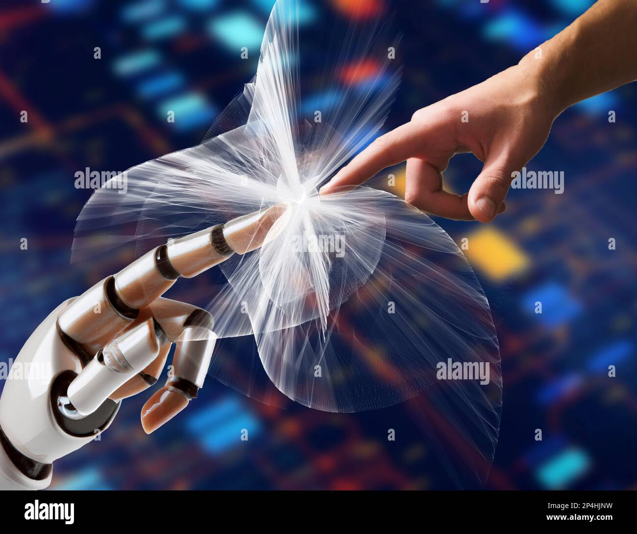 A robot hand points to a human hand. Artificial intelligence concept ...