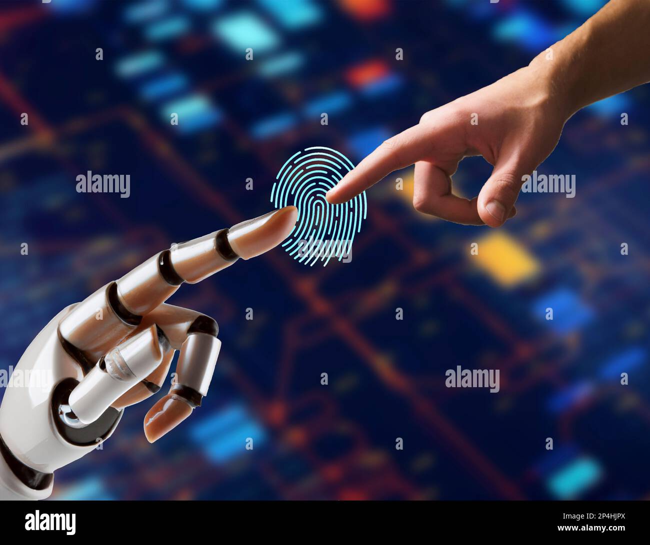 A robot hand points to a human hand. Artificial intelligence concept ...