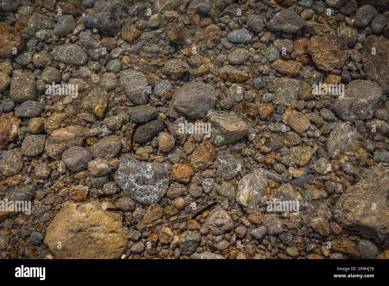 Water and rocky shapes on the beach. Stock Photo