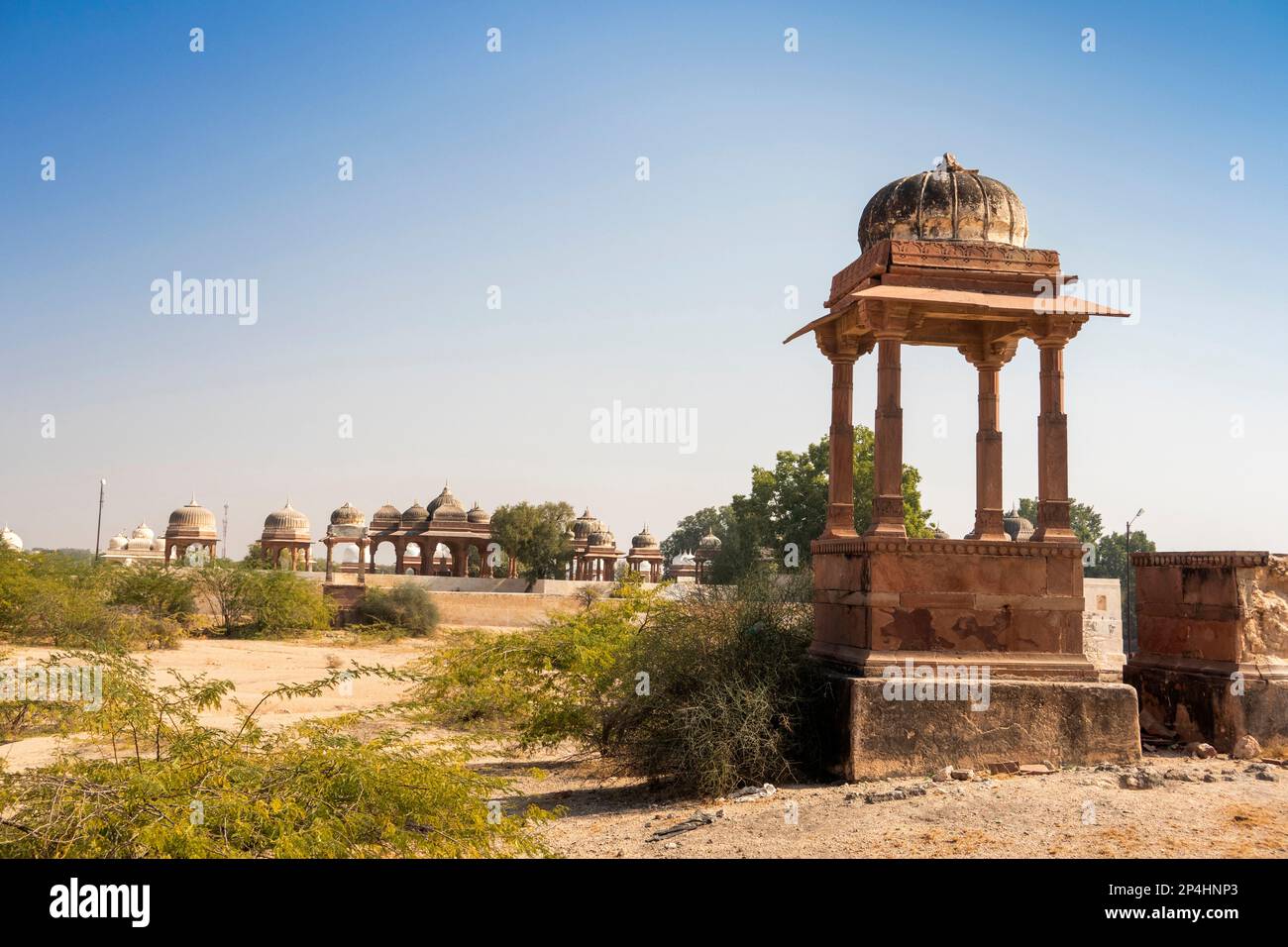 India, Rajasthan, Bikaner, Devikund Chhatri, Royal Crematorium, old memorial outside Royal Memorial site Stock Photo