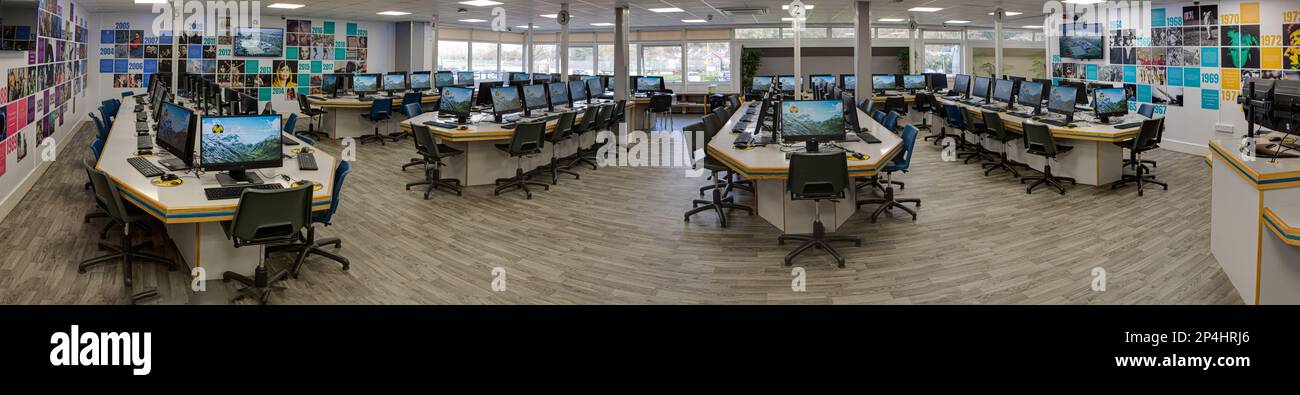 Panoramic view of a computer lab, showcasing the vibrant modern ...
