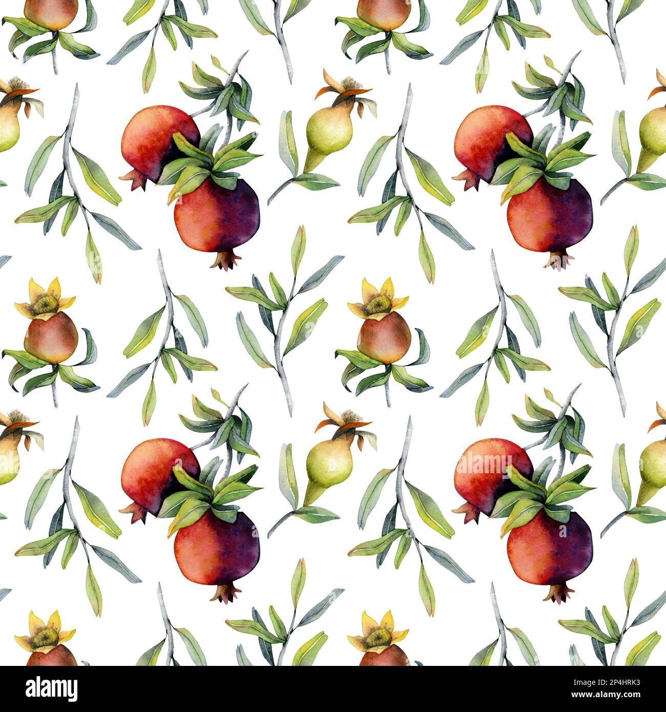 Watercolor seamless pattern with pomegranates fruits on branch with leaves on white background for cosmetics wrapping and Jewish Rosh Hashanah designs Stock Photo