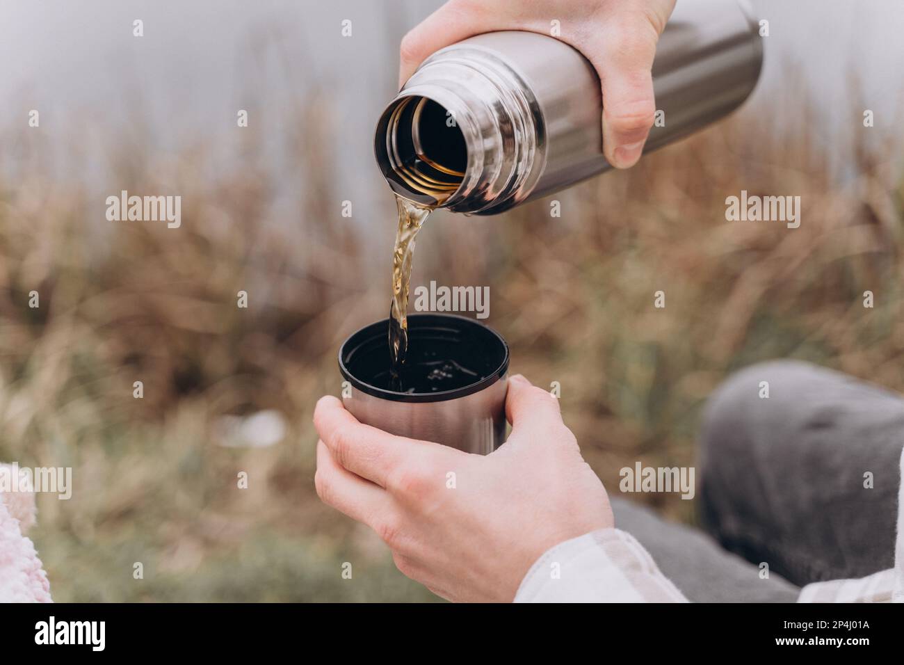 Hot tea is poured from a thermos into a cup in nature, close-up Stock Photo  - Alamy