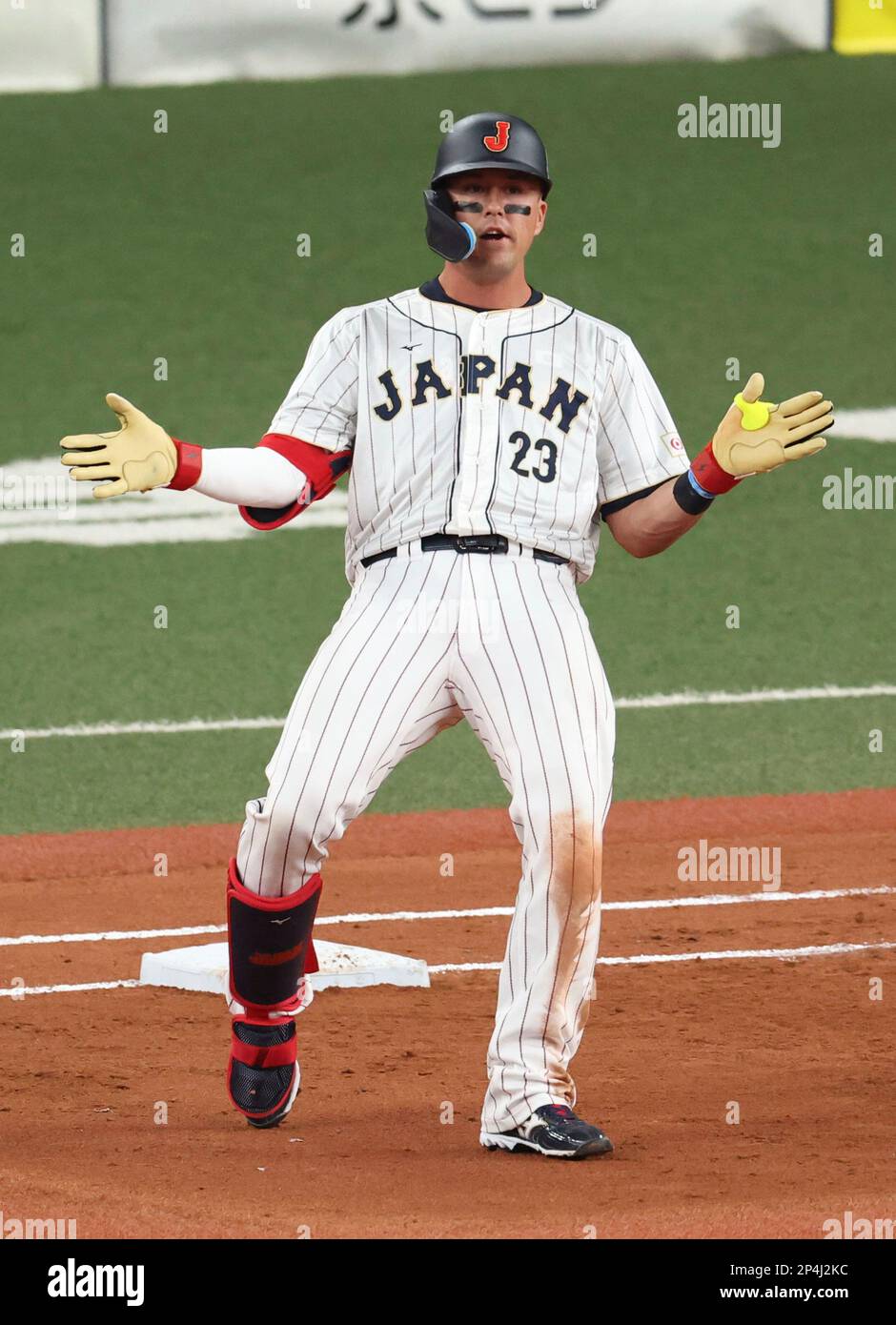 Japan's Lars Nootbaar reacts after hitting a single during the