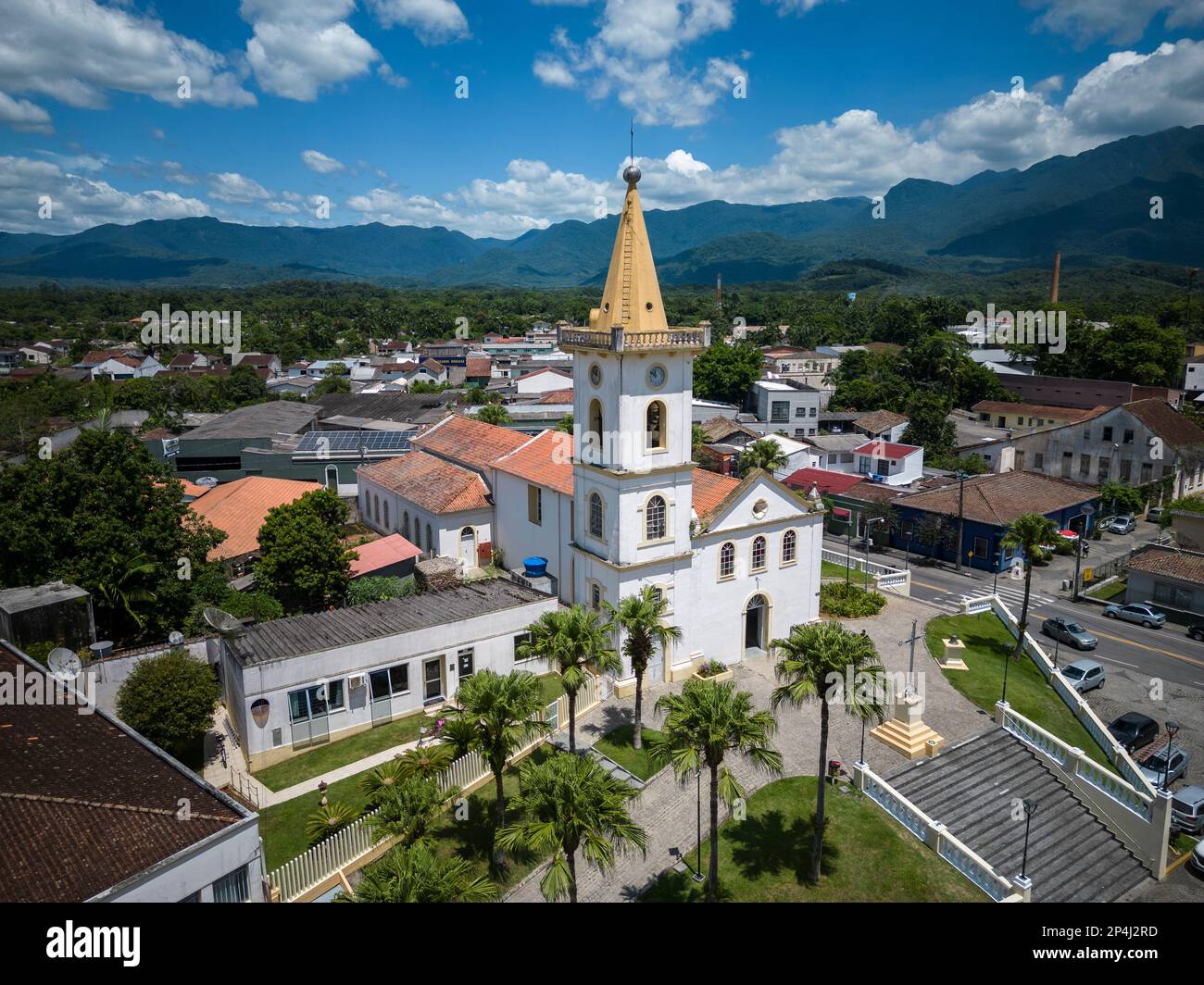Beautiful aerial view to historic church building in small city Stock Photo