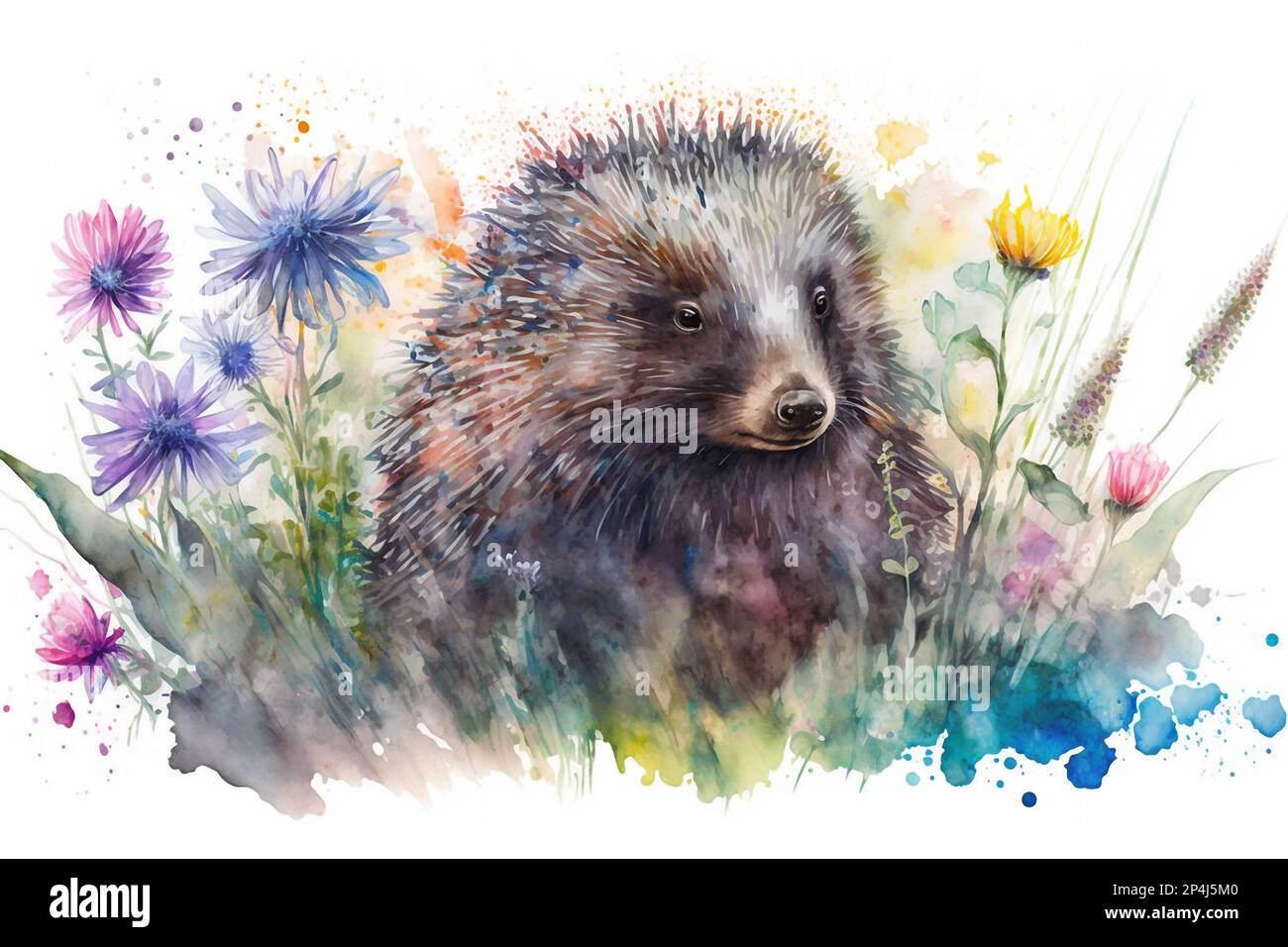 Watercolor painting of cute porcupine in a colorful flower field