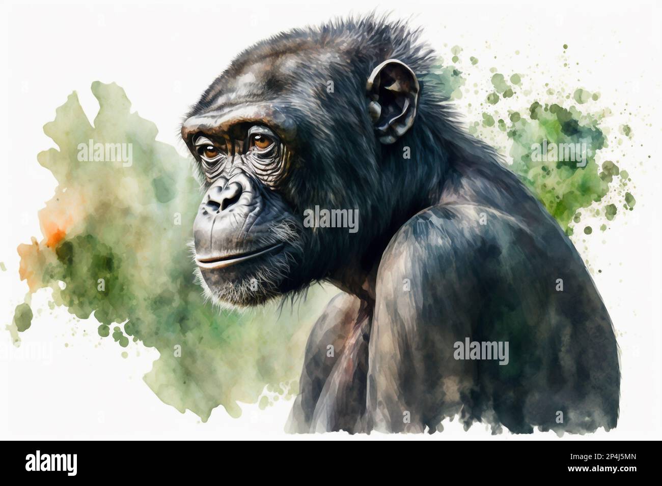 Watercolor painting of peaceful bonobo monkey with copy space for text. Beautiful artistic animal portrait for poster, wallpaper, art print. AI. Stock Photo