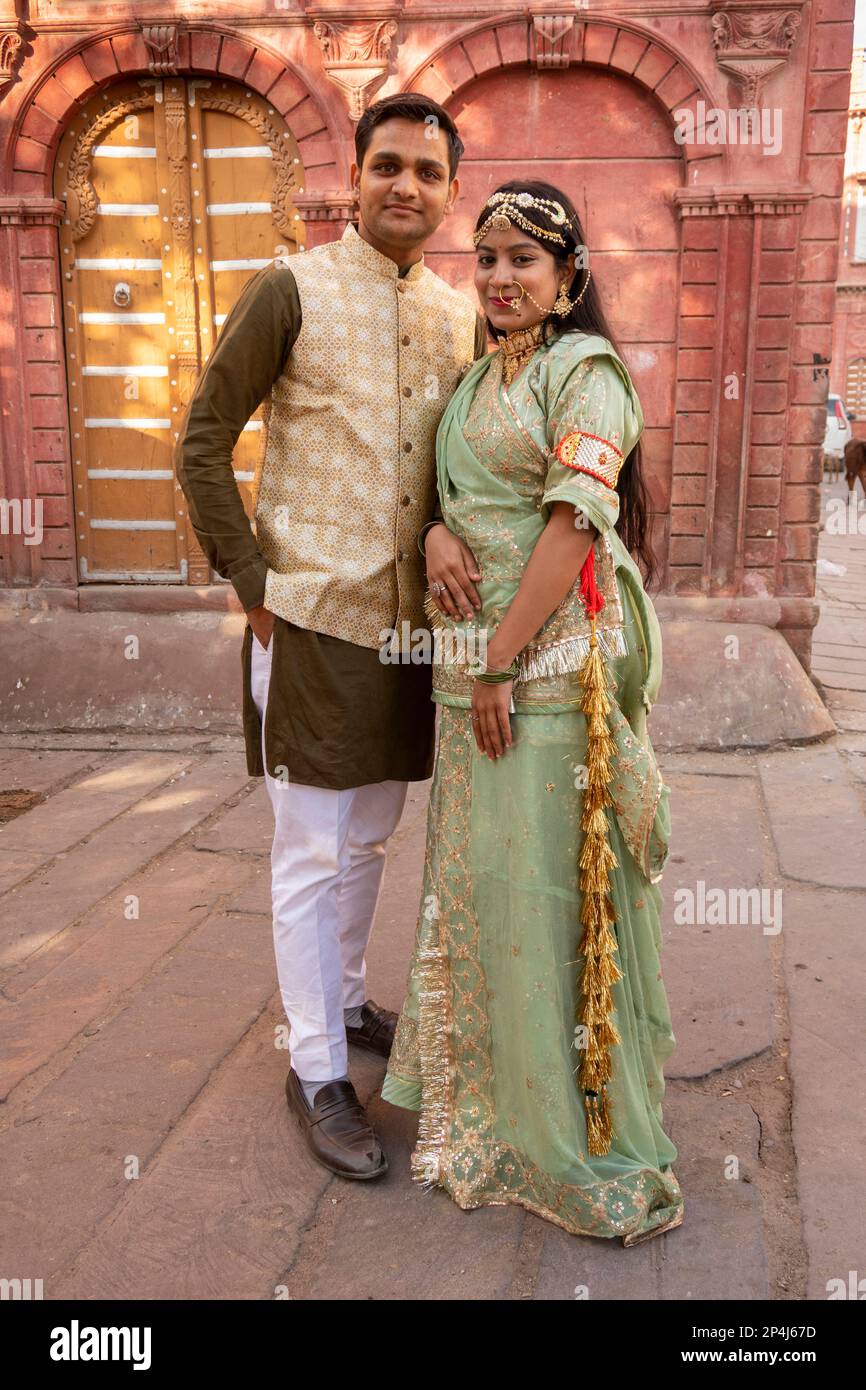 India, Rajasthan, Bikaner, Old City, young engaged couple dressed up for photographs Stock Photo