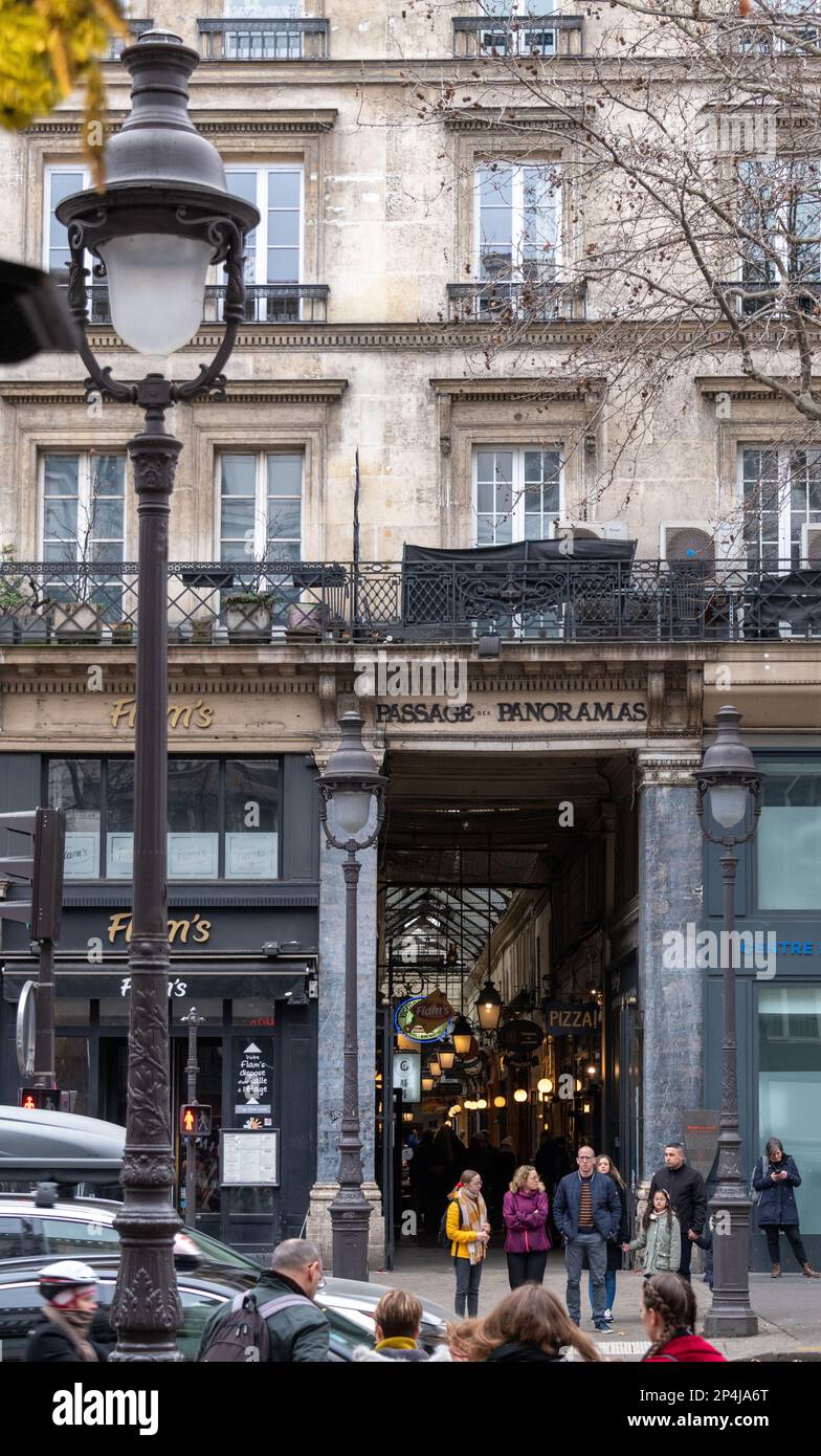 The Entrance to Passage des Panoramas Covered shopping arcade on Boulevard Montmartre Paris. Stock Photo
