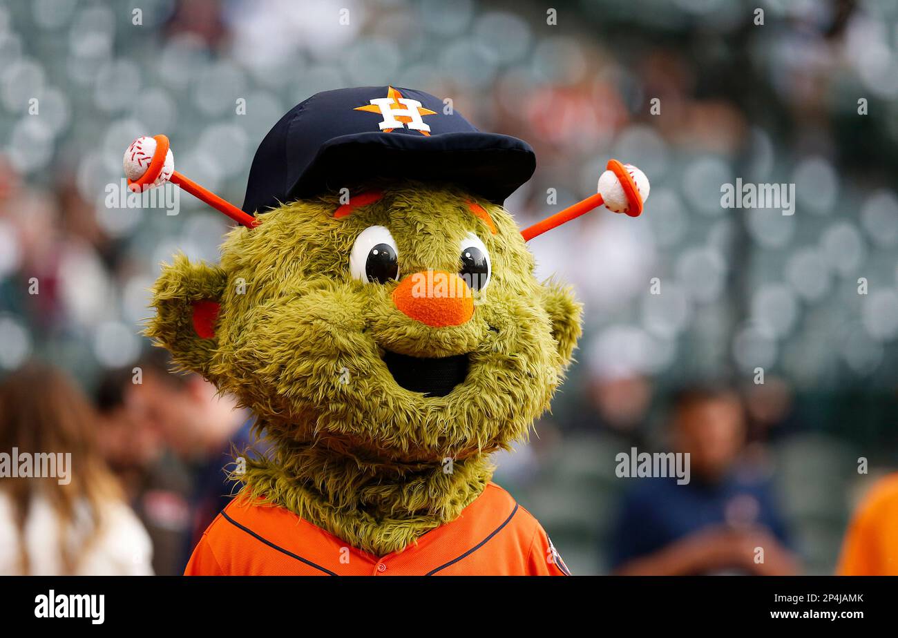Houston Astros mascot Orbit entertains the crowd prior to an MLB baseball  game between the Los Angeles Angels of Anaheim against the Houston Astros  at Minute Maid Park on Friday April 4