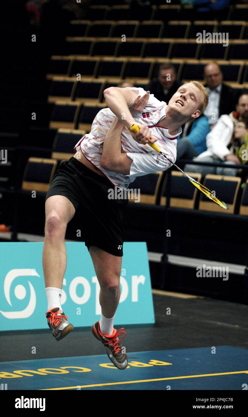 Denmark's Emil Holst wins the Men's singles final of the badminton Finnish  Open tournament in Vantaa, Finland on Sunday, April 6, 2014. Holst won the  final against France's Lucas Corvee 21-6, 21-15. (