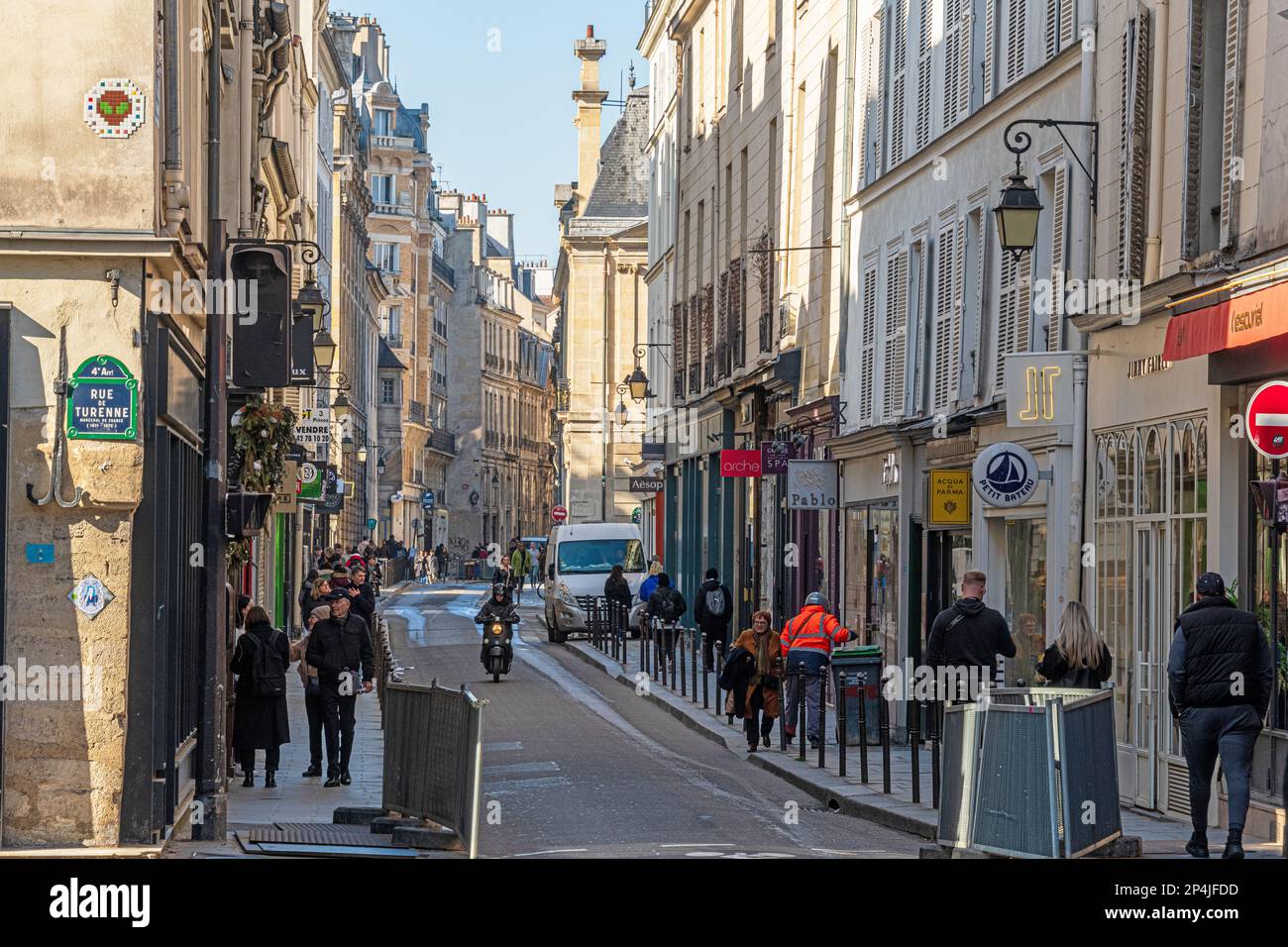 The Rue des Bourgeois in The Marais District of Paris. Stock Photo