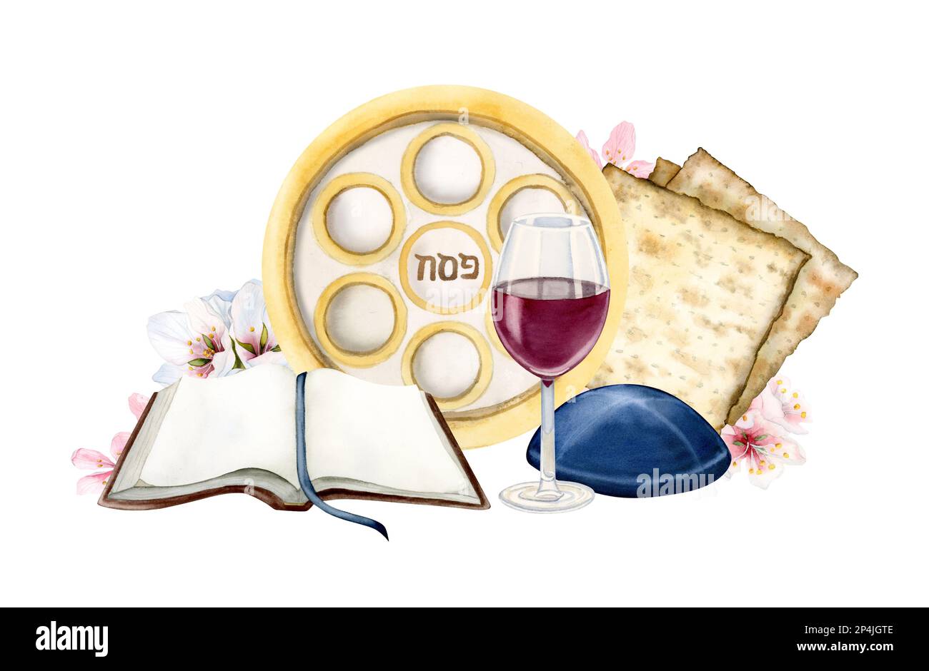 Happy Passover greeting banner with red wine glass, matzah, Haggadah and Jewish seder plate with almond flowers isolated on white background Stock Photo