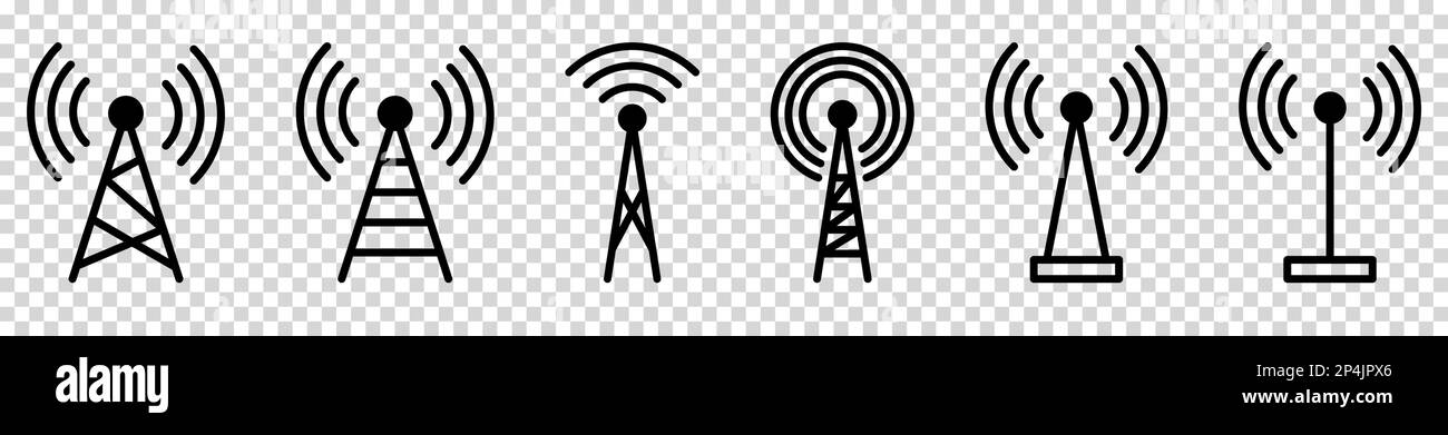 Set of radio tower icon. Internet and mobile connection. Linear style.  Vector illustration isolated on transparent background Stock Vector