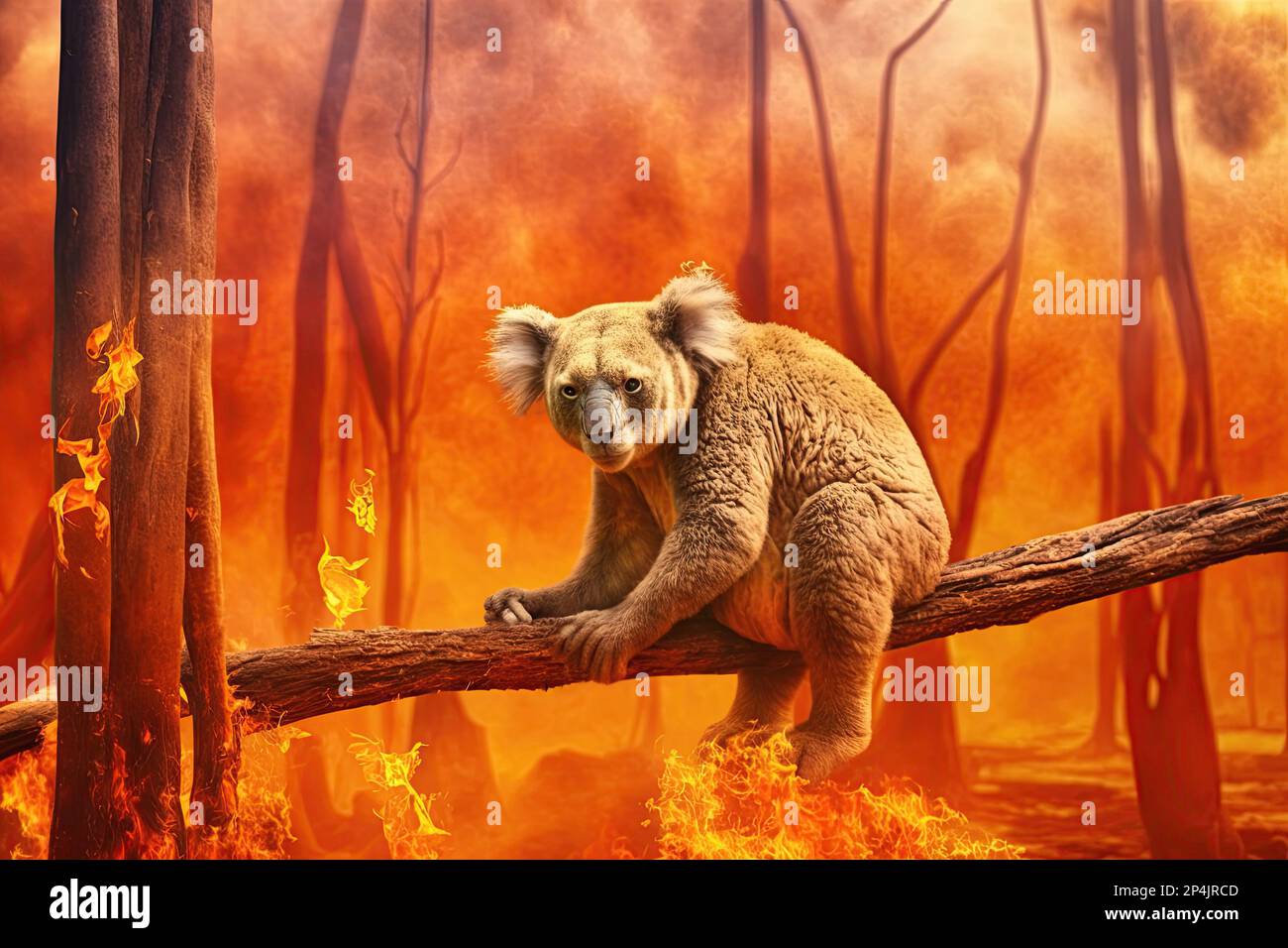 Koala bear on eucalyptus branch escape from australian bushfires