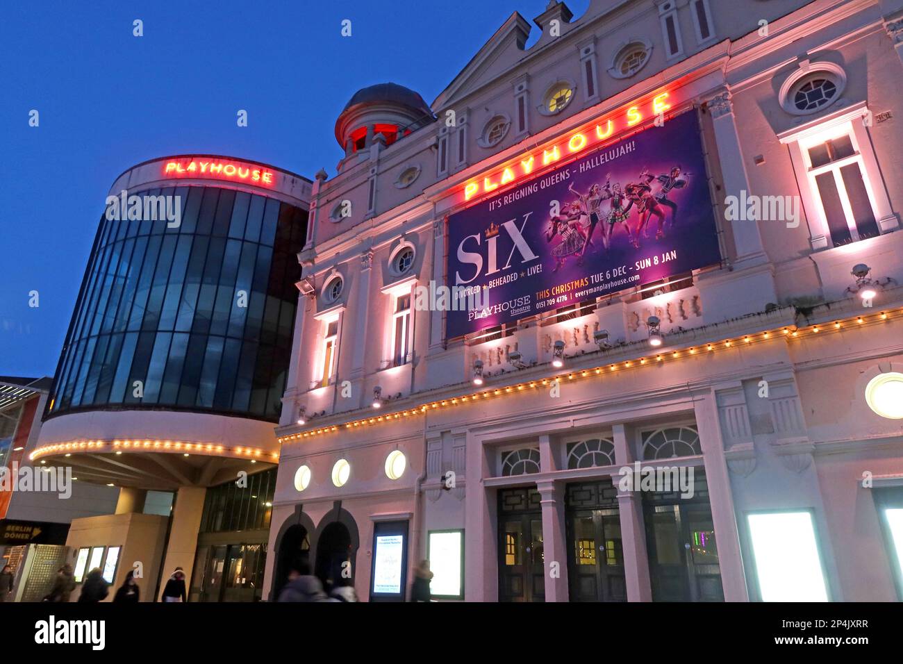 The Liverpool Playhouse Theatre, at dusk, new & old sections of the building, Williamson Square, Liverpool, Merseyside, England, UK, L1 1EL Stock Photo