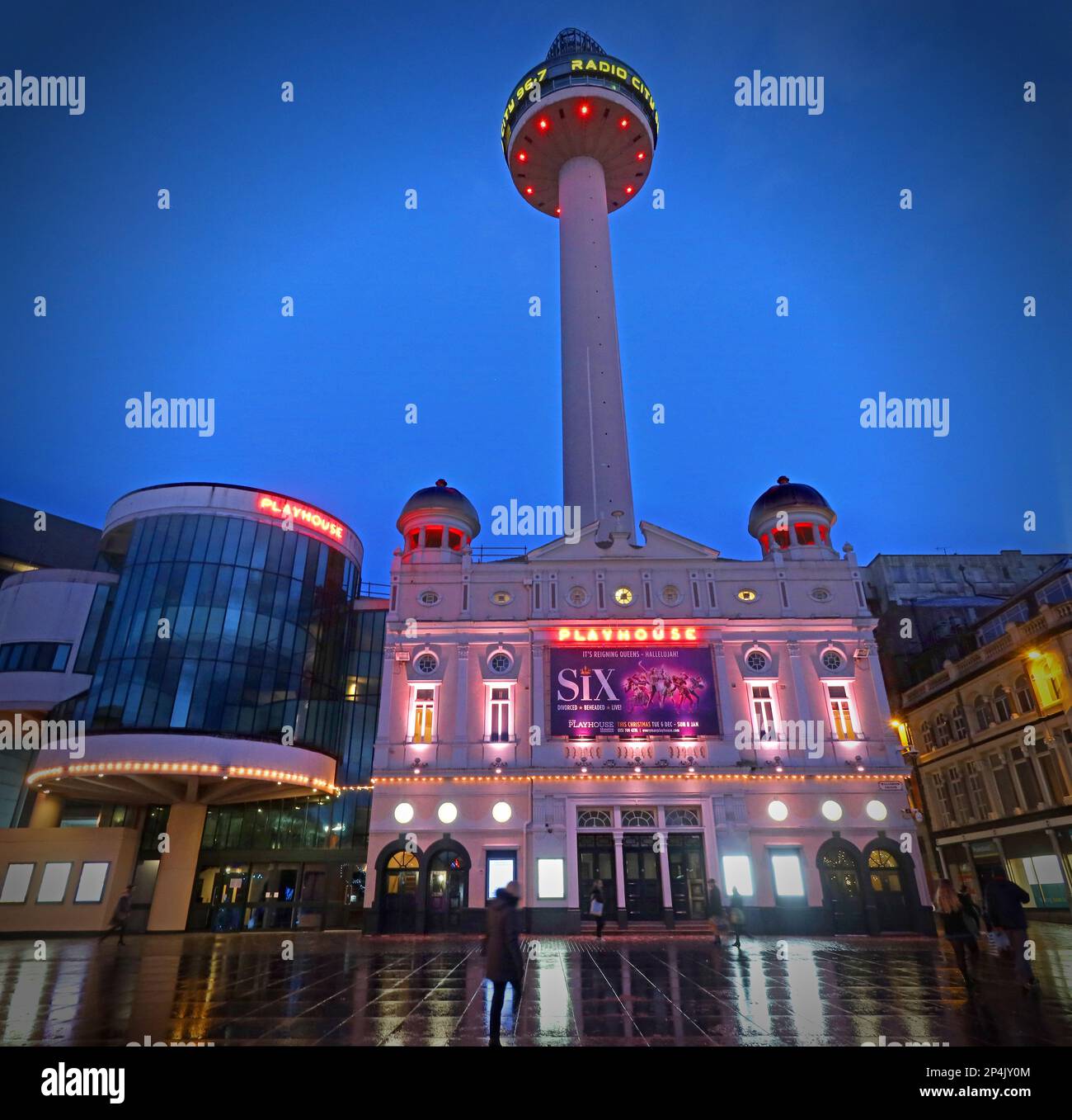 The Liverpool Playhouse Theatre with Radio City tower, at dusk, Williamson Square, Liverpool, Merseyside, England, UK, L1 1EL Stock Photo