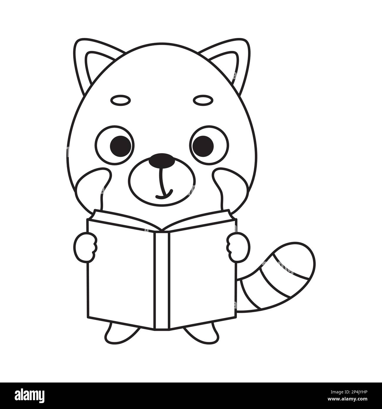 Coloring page cute little red panda reads book. Coloring book for kids