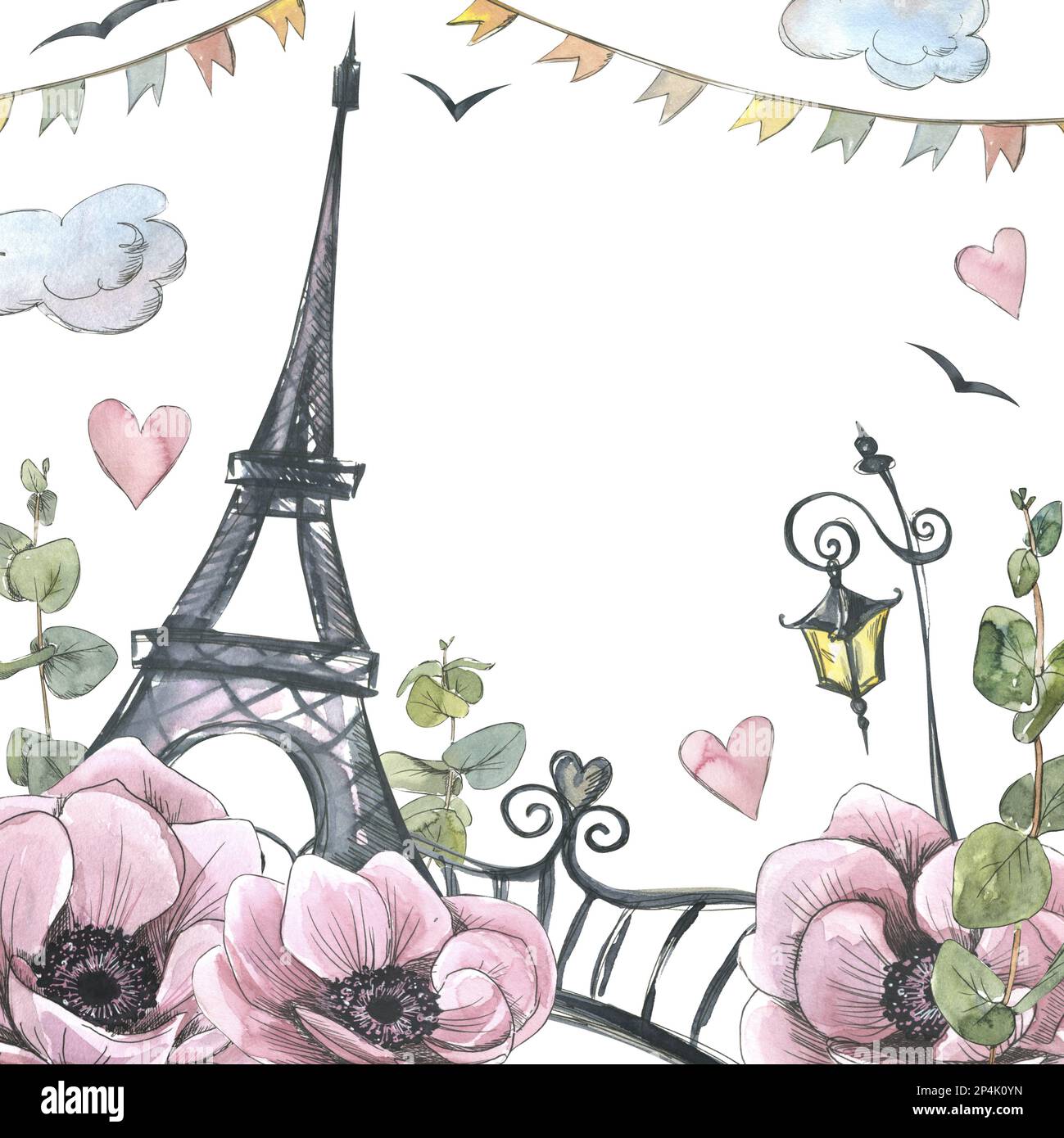 A frame with the Eiffel Tower, lanterns, a garland of flags and a bridge, anemone flowers and eucalyptus twigs. Watercolor illustration in sketch Stock Photo