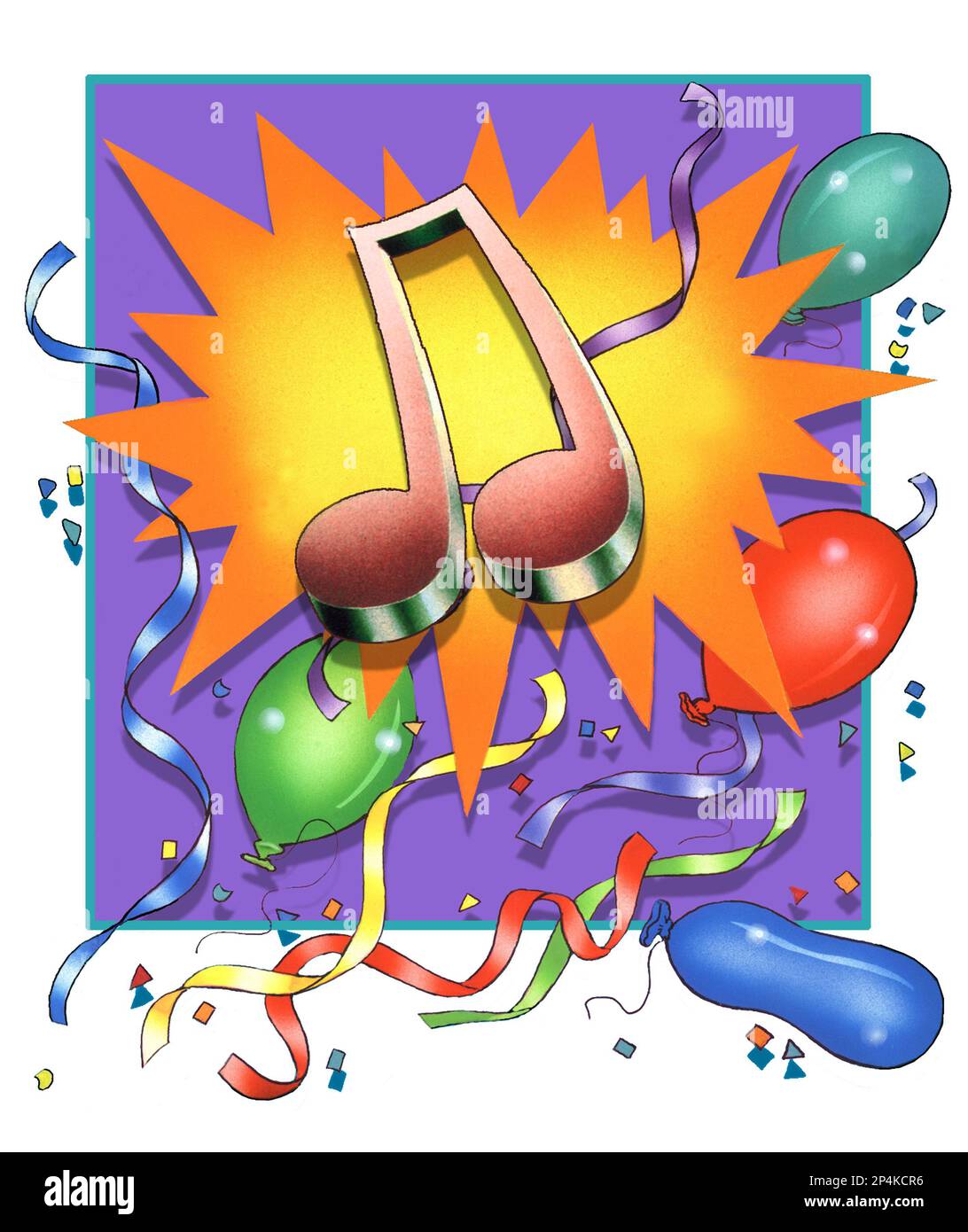Celebrationexplosion balloons streamers music noteon purple background