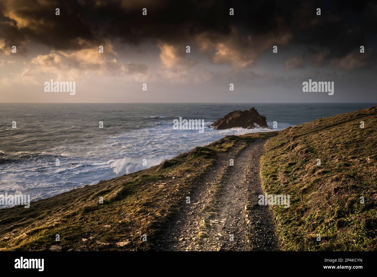 Evening light over a rough footpath on the rugged Pentire Point East leading to a viewpoint of the rocky island called The Goose Goose Rock on the coa Stock Photo