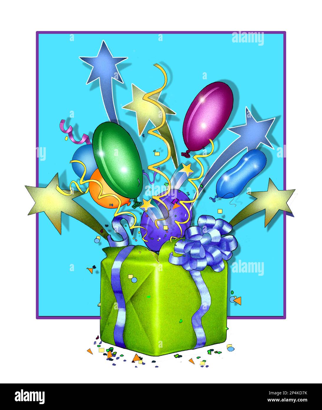 Celebration-Presentexploding balloons stars streamers on white Stock ...