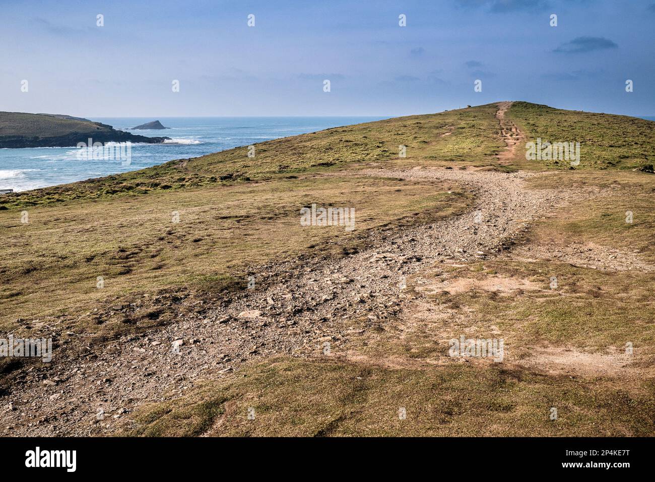 An eroded rough footpath on The Warren on Pentire Point East on the coast of Newquay in Cornwall in England in the UK. Stock Photo