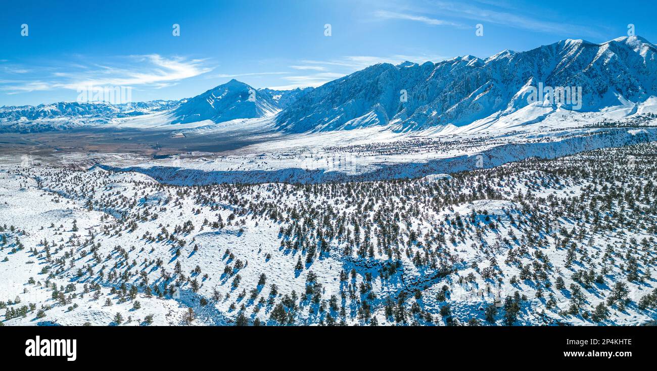 Bishop winter. Owens Valley Sierra Nevada. Inyo County. Aerial Panorama Stock Photo