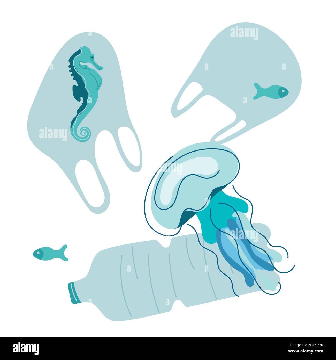 Dirty ocean environment. The animals, fish, jellyfish, sea horse swim with trash, plastic bottle, plastic bag. Vector illustration with climate change Stock Vector