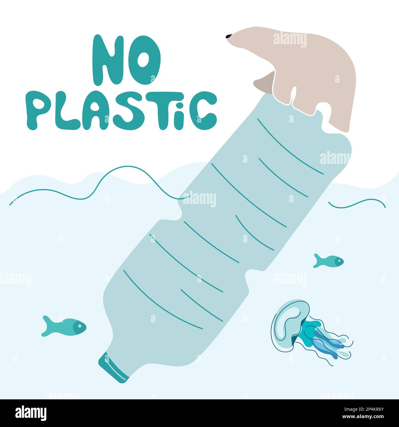 The polar bear climb to trash plastic bottle. Vector illustration with lettering NO PLASTIC. Climate change, SAVE EARTH NOW. People pollutes the Stock Vector