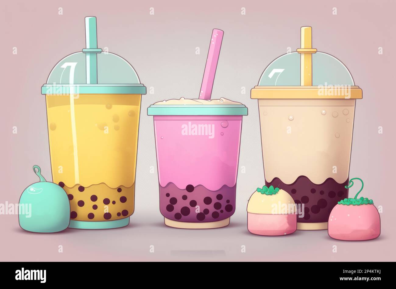 Hand drawn of cute kawaii bubble tea set illustration background Stock