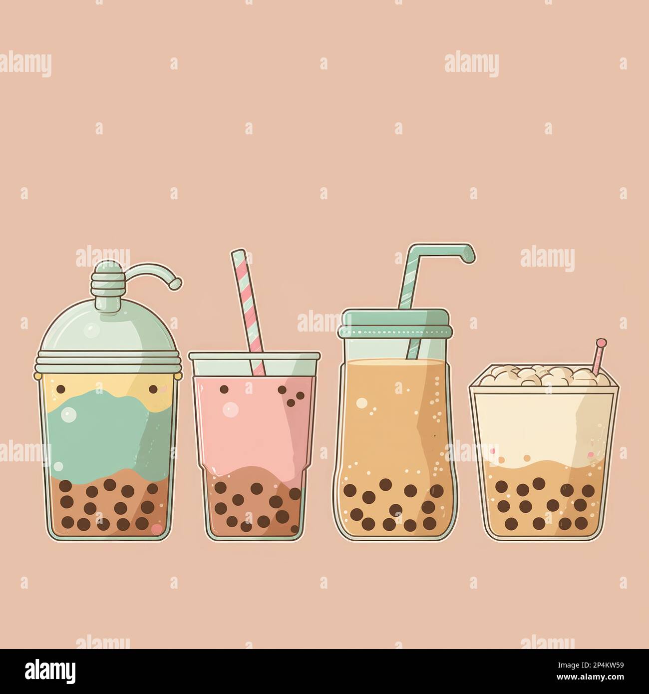 Hand drawn of cute kawaii bubble tea set illustration background Stock  Photo - Alamy