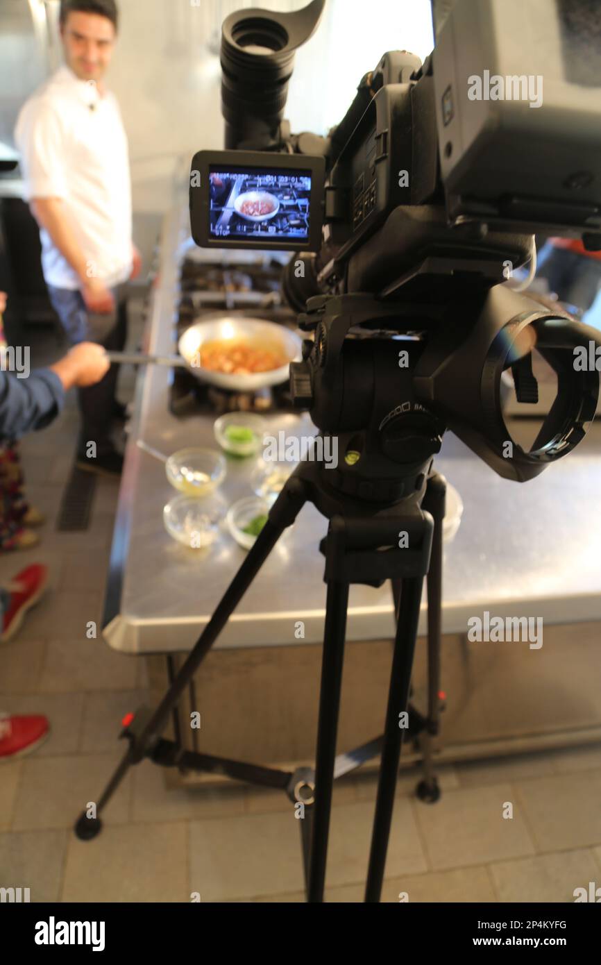 May 22, 2017 - Elba, Italy : Close-up of a Professional camcorder during a  food shooting in the kitchen Stock Photo - Alamy